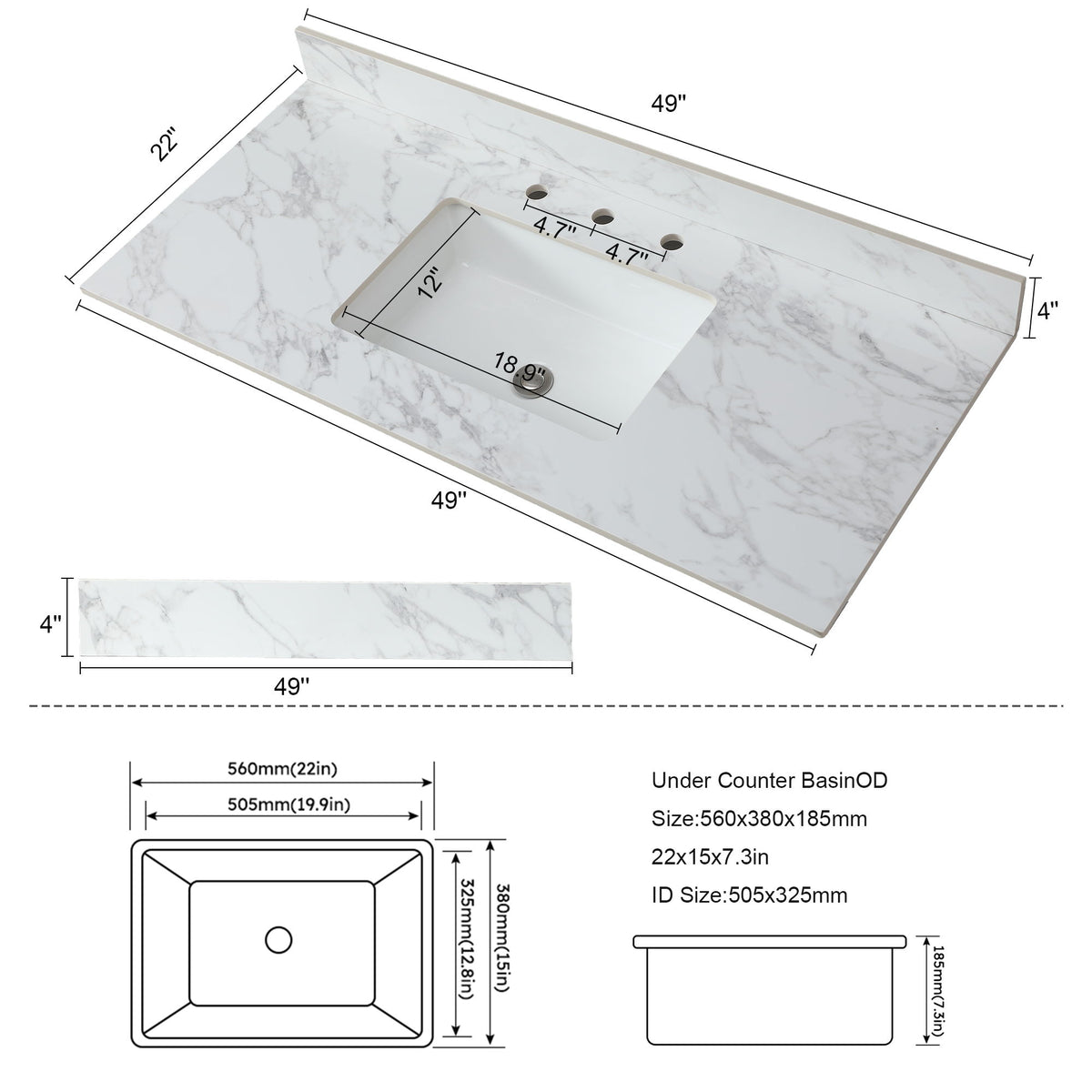 Elegant Sintered Stone Bathroom Vanity Top With Rectangular Undermount Ceramic Sink