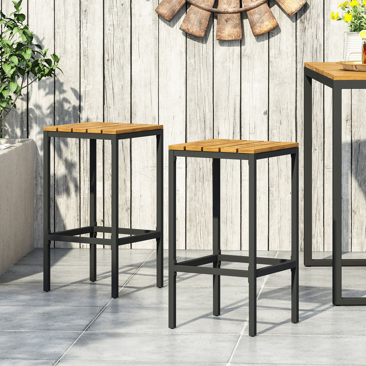 Outdoor Bar Stool With Slat Design And Metal Frame (Set of 2)