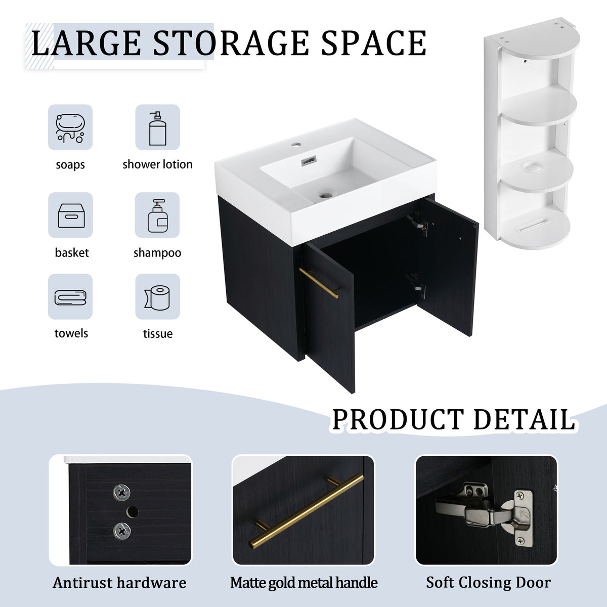 Modern Wall Mounted Bathroom Vanity With Resin Sink And Storage Rack