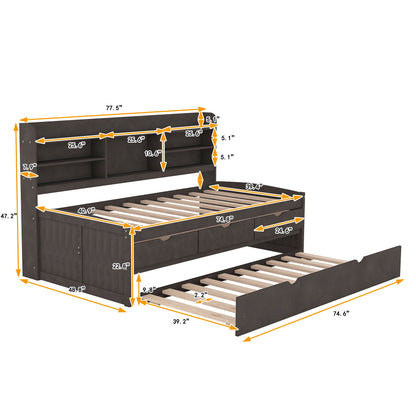 Captain Bed With Built In Bookshelves, 3 Storage Drawers, And Trundle
