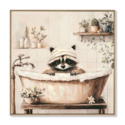 Raccoon Bathroom Canvas Wall Art, Funny Animal, Framed - Black / Ivory