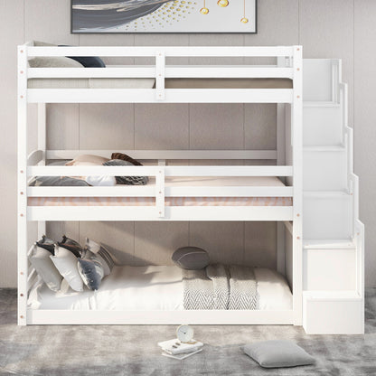 Twin Size Triple Bunk Bed With Storage Staircase, Separate Design - White