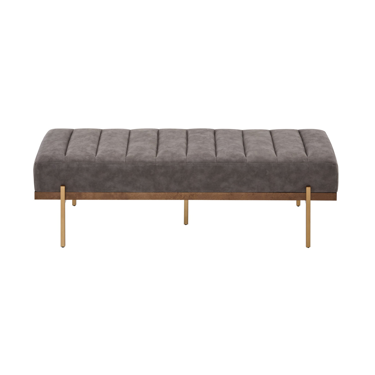 Thorian - Luxury Upholstered Ottoman Bench With Channel Tufting And Metal Base - Gold / Gray