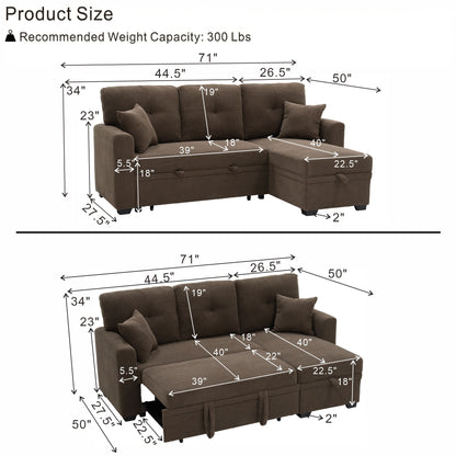 Sleeper Sectional Sofa With Pull Out Bed, Reversible Chaise, Hidden Storage