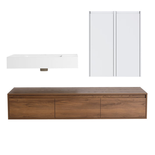 Wall Mounted Bathroom Vanity With Resin Sink And 2 Side Cabinet, 3 Soft Close Drawer - Brown Ebony
