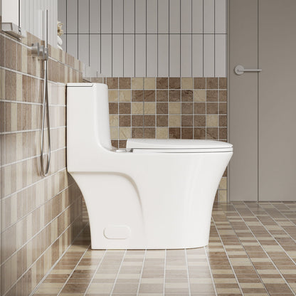 Elegant One Piece Toilet With Tornado Dual Flush, Siphonic S Trap 12", Soft Close Seat, Dual Flush, Ada Height, Glossy - Gloss White