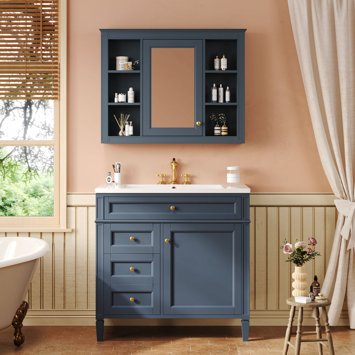 Bathroom Vanity With Mirror Cabinet, Single Sink With 2 Soft Closing Doors And 4 Drawers
