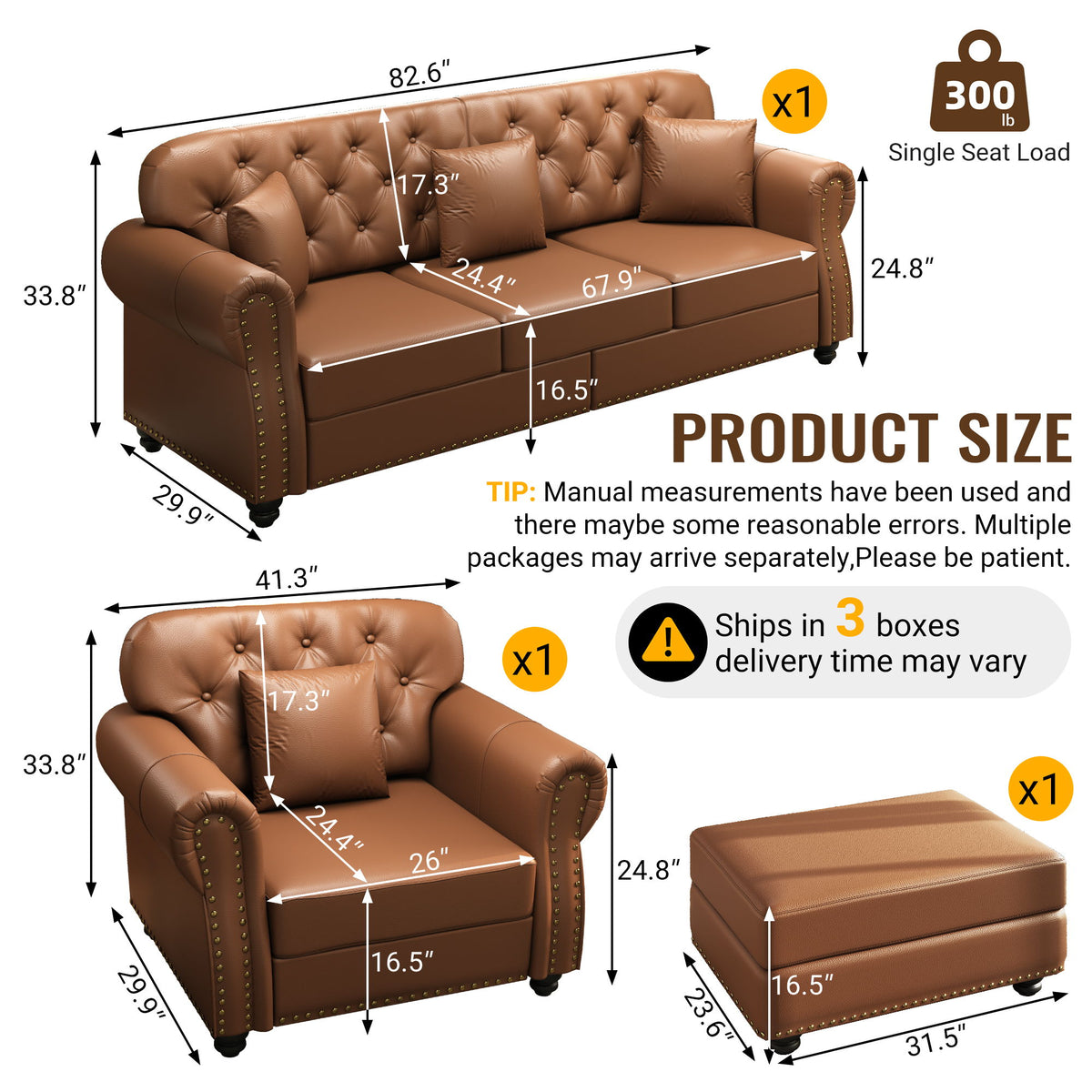 Upholstered Sofa With Nailhead Trim, Rolled Armrests With Ottoman