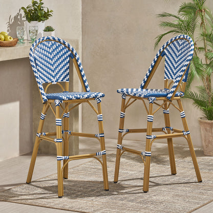 Outdoor Rattan French Barstool Set,, Bamboo, Seat Height - Navy Blue / White