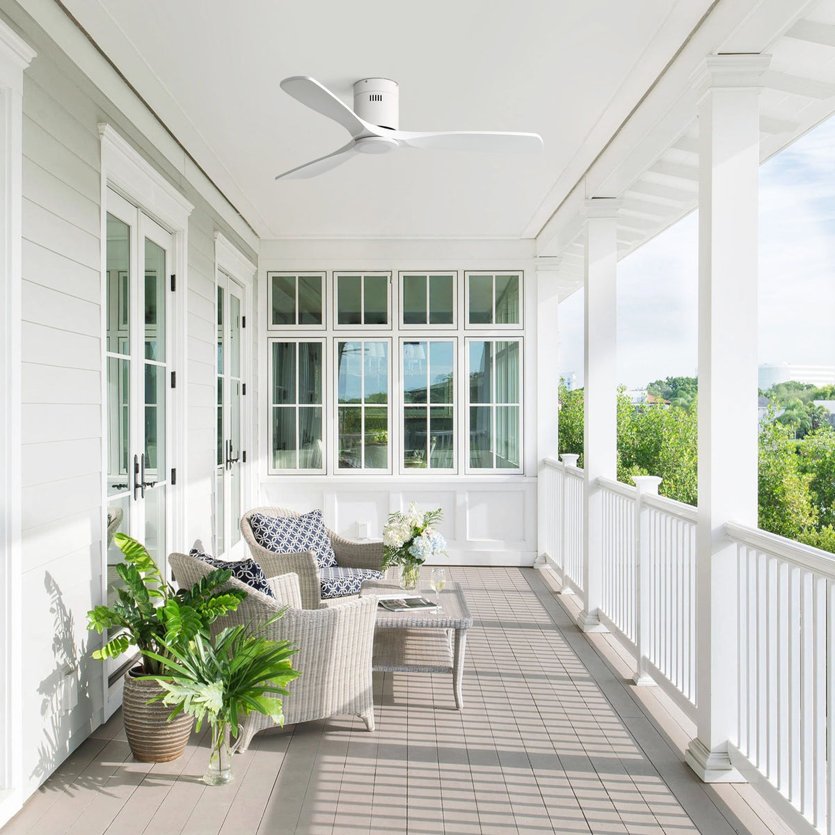 52" Flush Mount Ceiling Fan & Remote, No Light, 3 Blades, 6 Speed DC Motor For Indoor Patio - White