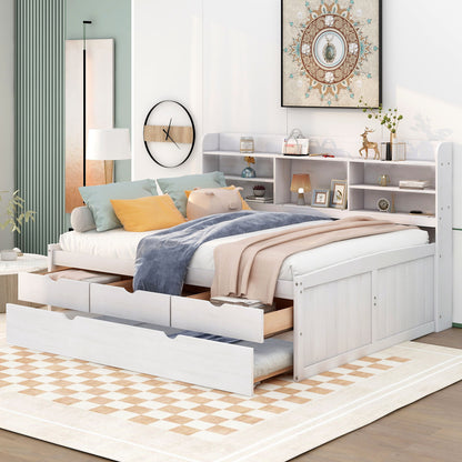 Captain Bed With Built In Bookshelves, 3 Storage Drawers, And Trundle