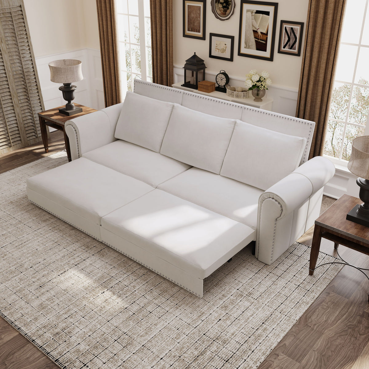3 In 1 Convertible Sleeper Sofa With Nailhead Trim & Rolled Arm