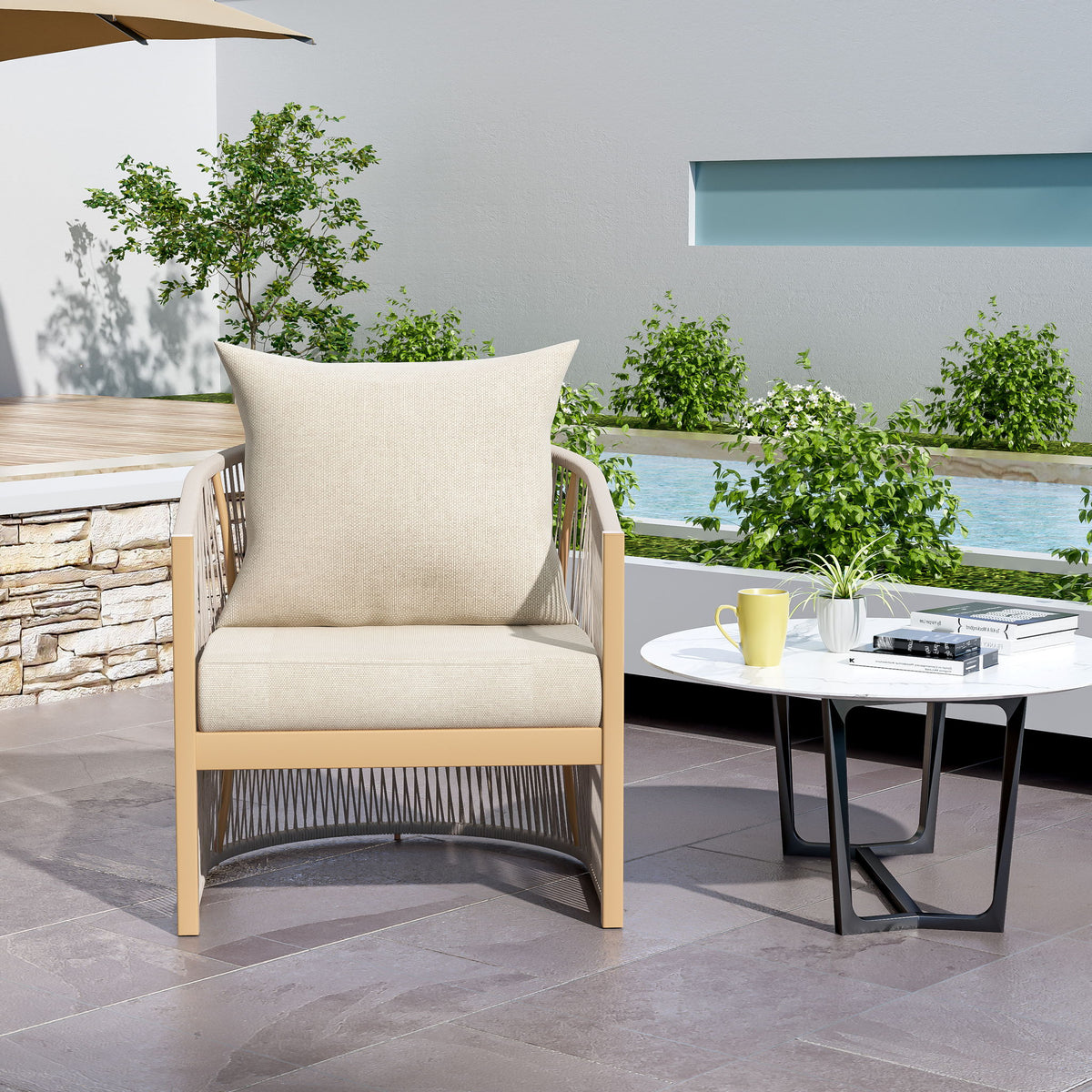 Modern Curved Aluminum Lounge Chair With Stylish Rope Weave Design And Cushioned Comfort For Outdoor