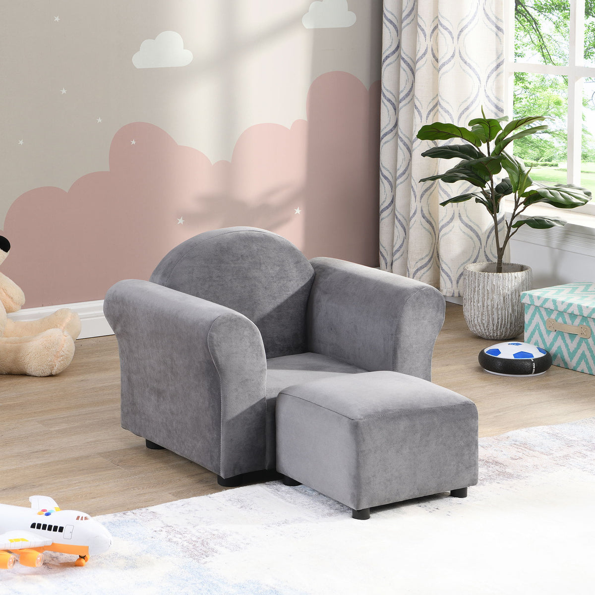 Kids Velvet Upholstered Chair With Ottoman For Comfortable Seating - Gray
