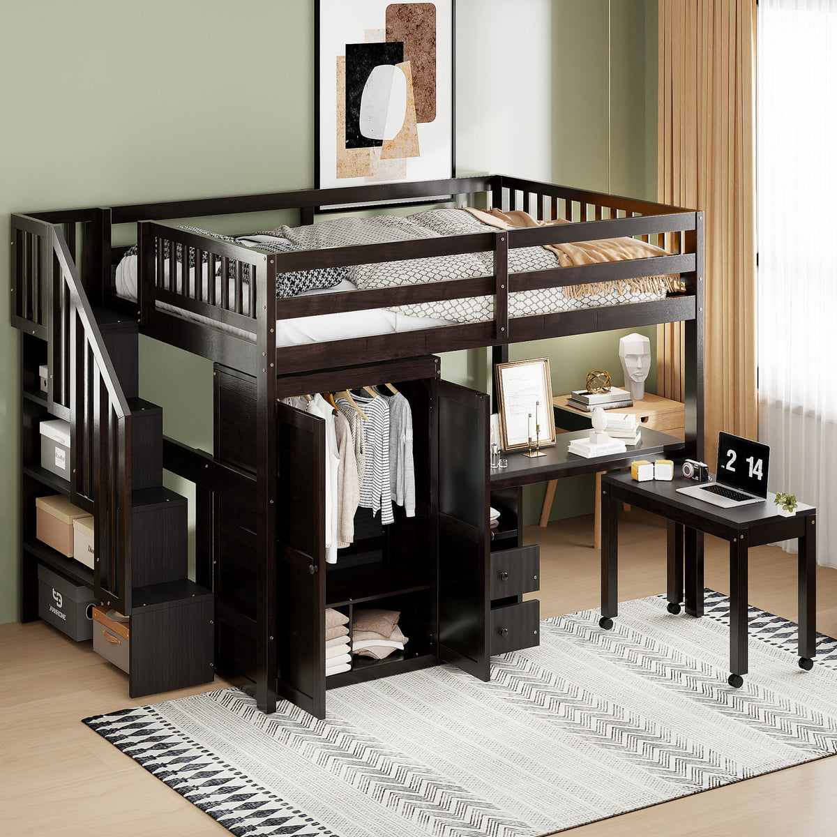 Full Size Loft Bed With Stairs, Bookshelf, Drawers, Desk & Wardrobe, Space Saving Multifunctional Furniture - Espresso