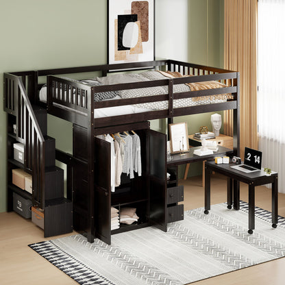 Full Size Loft Bed With Stairs, Bookshelf, Drawers, Desk & Wardrobe, Space Saving Multifunctional Furniture - Espresso