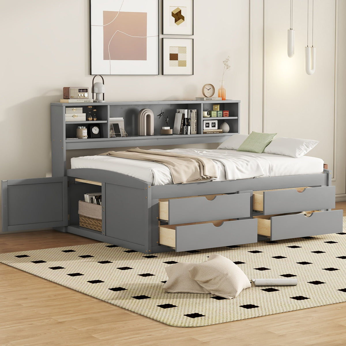 Daybed With 2 Bedside Cabinets, Upper Shelves And 4 Drawers