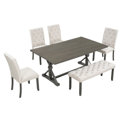 6 Piece Dining Table Set With Rectangular Wood Table, 4 Upholstered Chairs, Bench