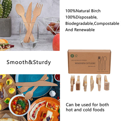Wooden Compostable Utensils Set 300 Pieces 100 Forks 100 Spoons 100 Knives Sturdy Wood Disposable Cutlery Eco Friendly Biodegradable Utensils For Party Free From Plastic Cutlery Set For Eating - Natural Wood