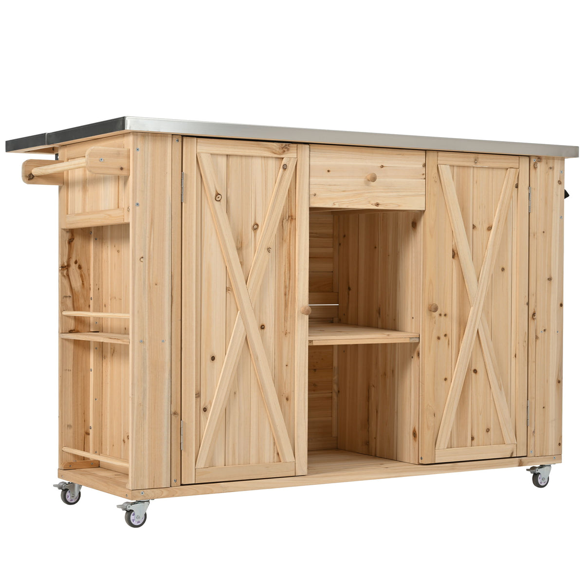 Outdoor Kitchen Island With Stainless Steel Top, Ample Storage Space, Towel And Spice Racks And A Bottle Opener