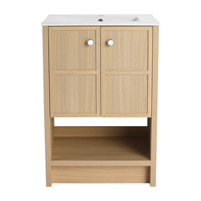 Modern 24" Freestanding Bathroom Vanity With Ceramic Sink And Soft Closing Doors - Oak