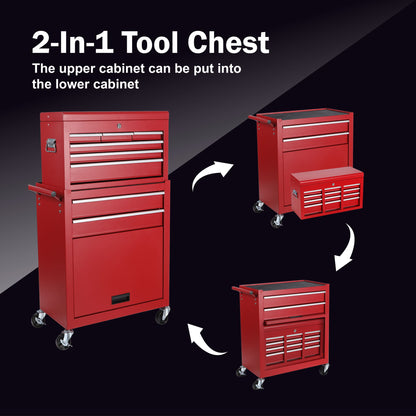 8 Drawer Rolling Tool Chest With 2 In 1 Detachable Top Box, Lockable Wheels