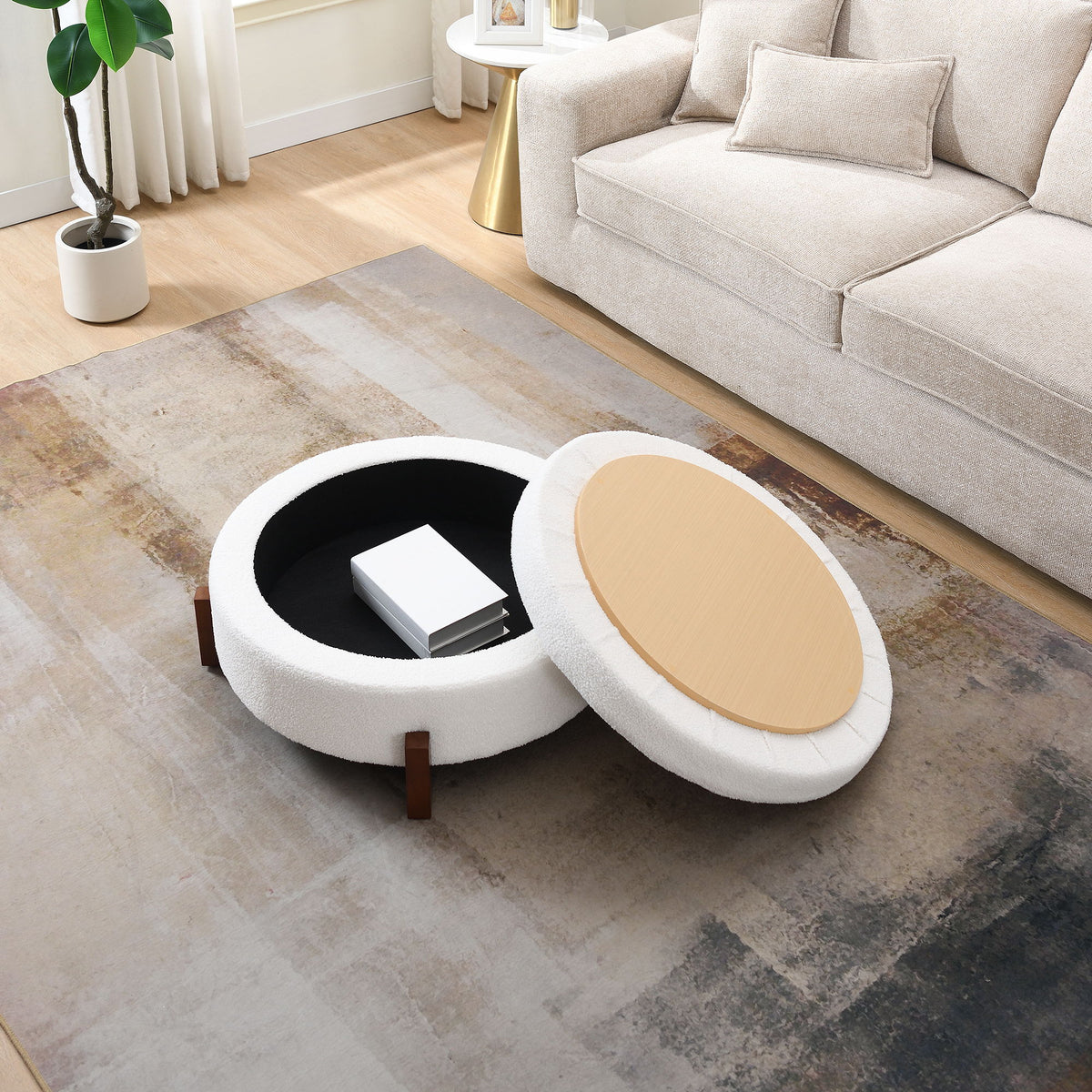Round Storage Ottoman, Footrest Stool For Living Room