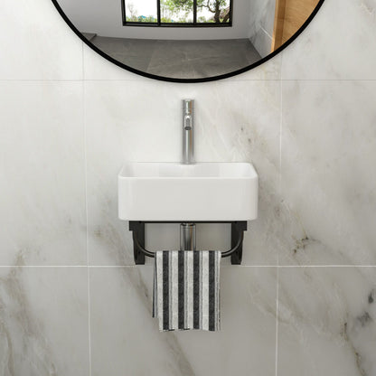 Rectangular Bathroom Sink With Towel Bar & Faucet Hole, Wall Mounted - White