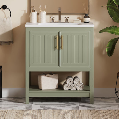 Elegant Bathroom Vanity With Ceramic Sink And Versatile Storage