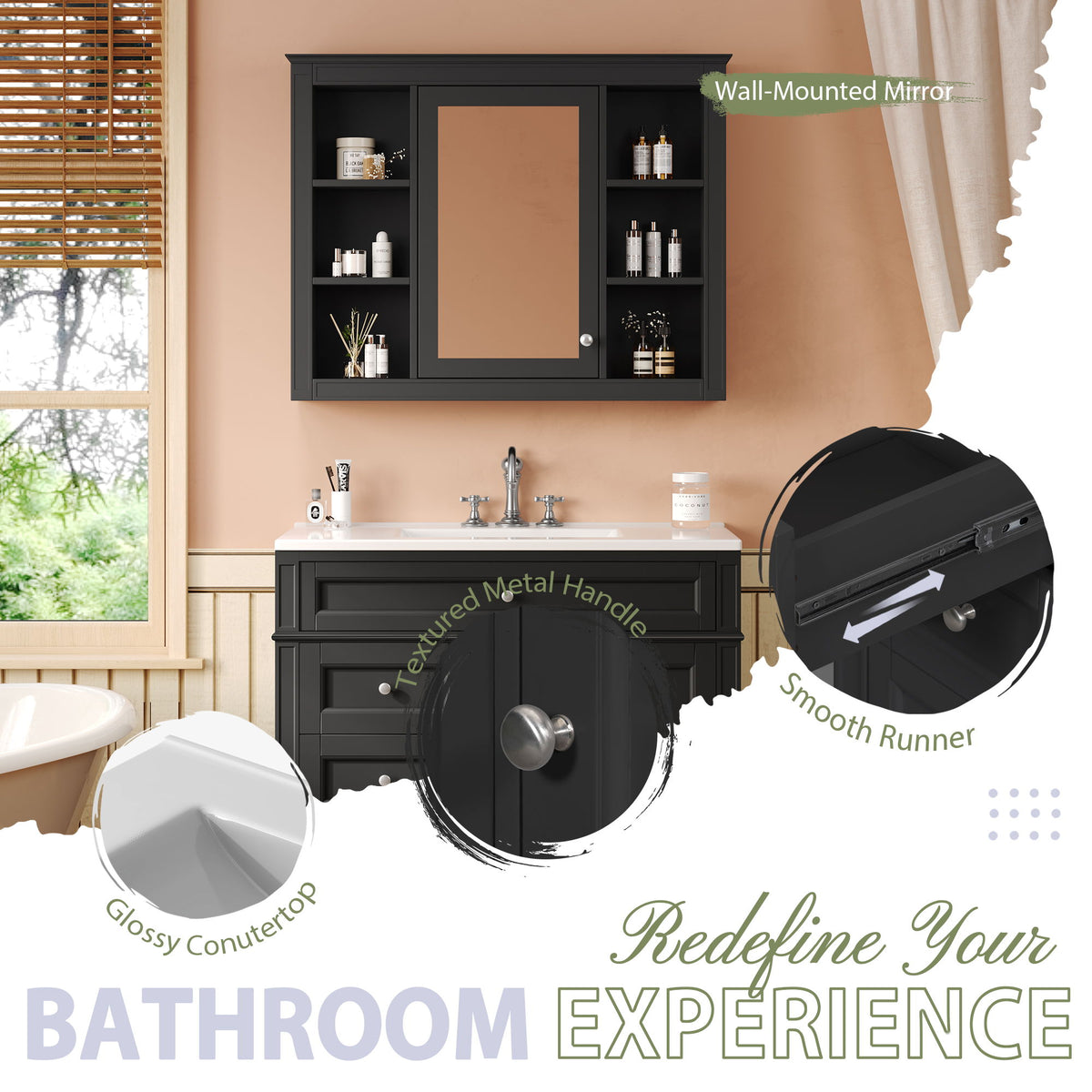 Bathroom Vanity With Mirror Cabinet, Single Sink With 2 Soft Closing Doors And 4 Drawers