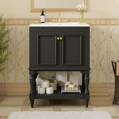 Modern Bathroom Vanity With Sink, Rectangular Cabinet With Open Shelf And Closed Storage
