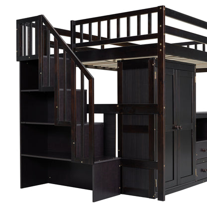 Full Size Loft Bed With Stairs, Bookshelf, Drawers, Desk & Wardrobe, Space Saving Multifunctional Furniture - Espresso
