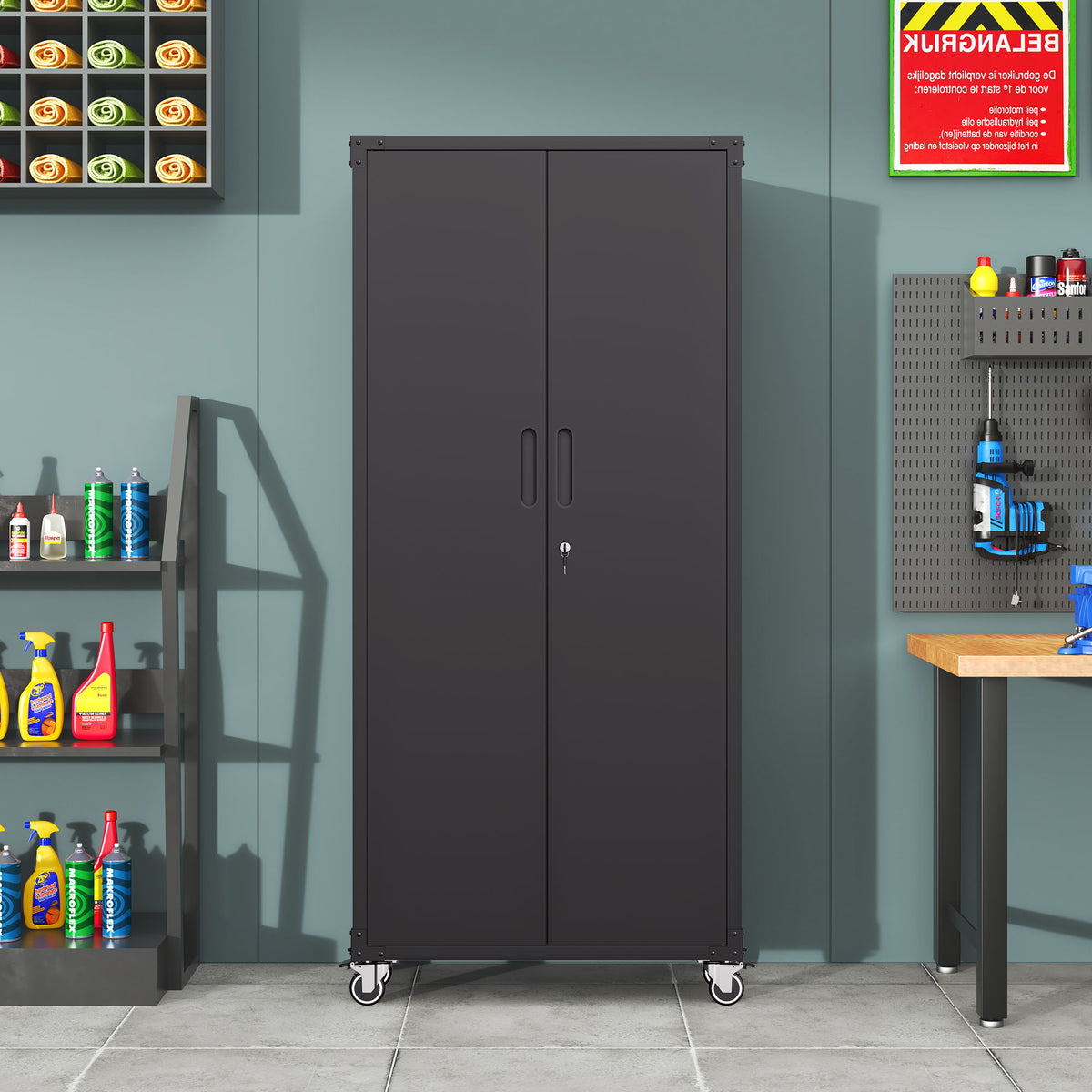 Garage Storage Cabinet With Wheels Heavy-Duty Tool Storage - Black