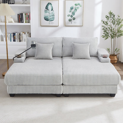Chaise Sofa With Adjustable Backrest, Cup Holders, Phone Holder & Storage Compartments For Living Room - Light Gray