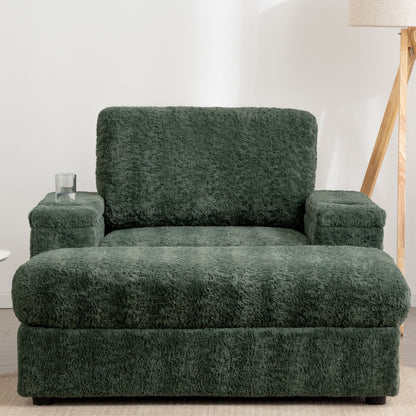 Oversized Chaise Lounge Indoor Rabbit Fur Sofa Bed With Storage Ottoman And Armrests Cup Holders With Deep Seat