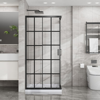 Corner Shower Enclosure Double Sliding Door & Shower Base - Matte Black