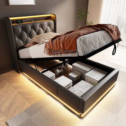 Upholstered Bed, 360 Surround LED Function, Remote Control, Hydraulic Storage Bed With USB, Type-C Charging (Without Mattress)
