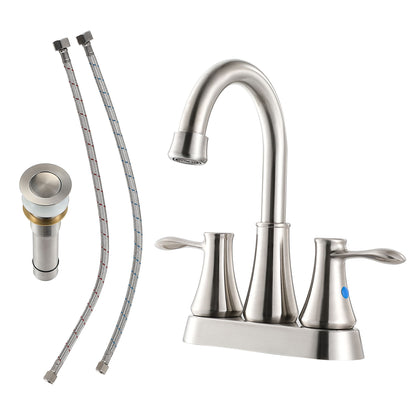 4" Centerset Bathroom Faucet With Pop Up Drain And Water Supply Lines - Brushed Nickel