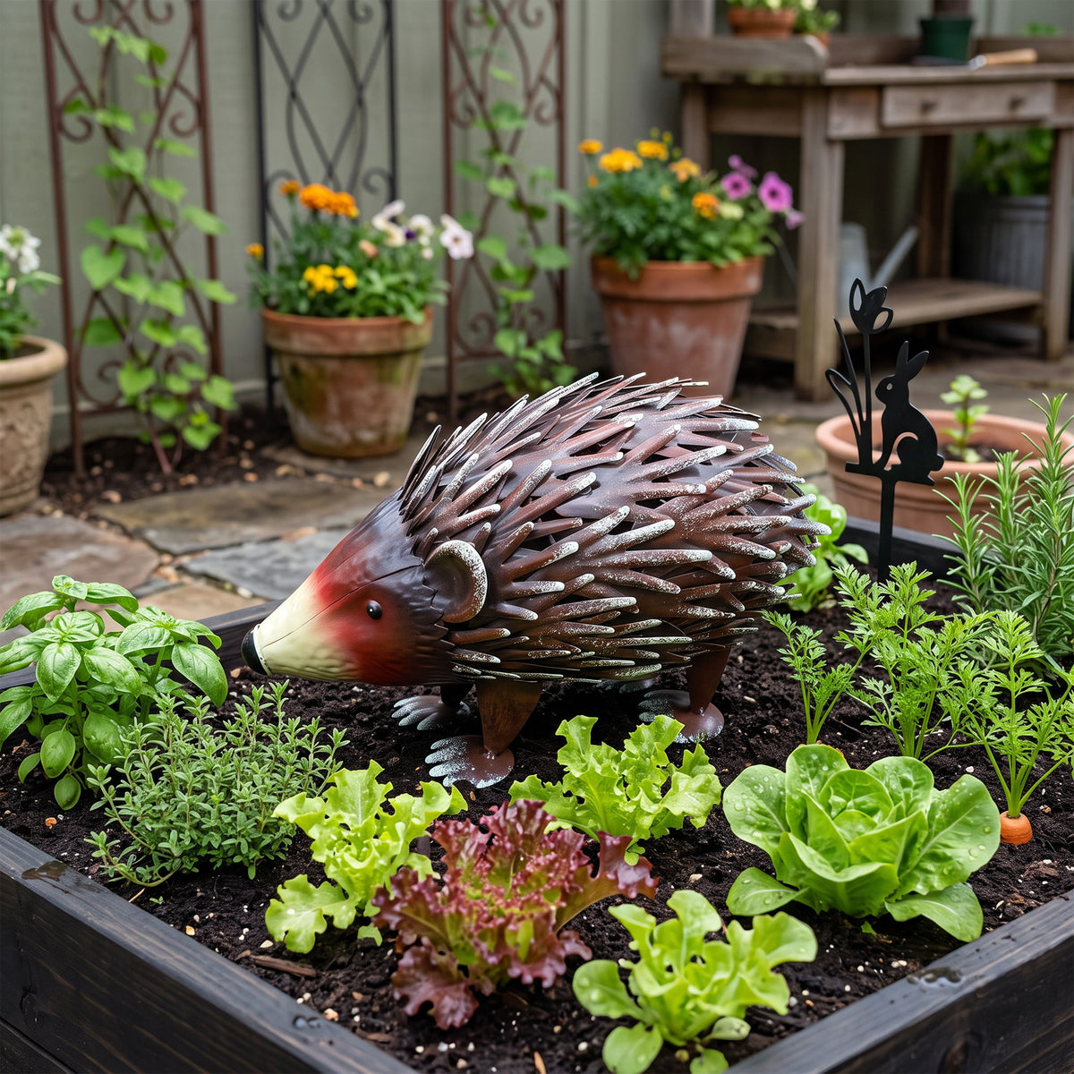 Wrought Hedgehog Garden Statue, Weatherproof Outdoor Lawn Decor - Brown