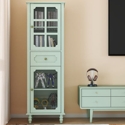 Curio Cabinet, Freestanding Vintage Display Storage Cabinet, Adjustable Shelves - Green
