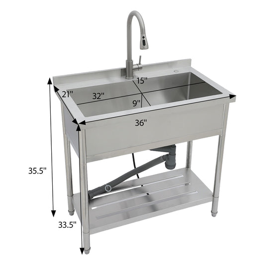 Stainless Steel Freestanding Utility Sink With Pull Out Faucet, Large Single Bowl - Brushed Nickel