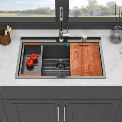 33" Drop In Kitchen Sink With Ledge Workstation, 16 Gauge Stainless Steel - Gunmetal Black