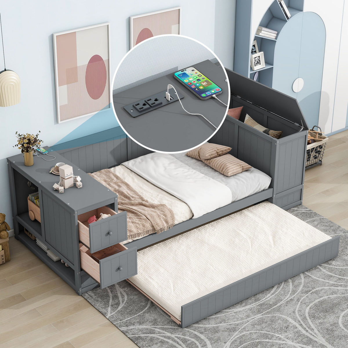 Daybed With Storage Arms, Trundle And Charging Station