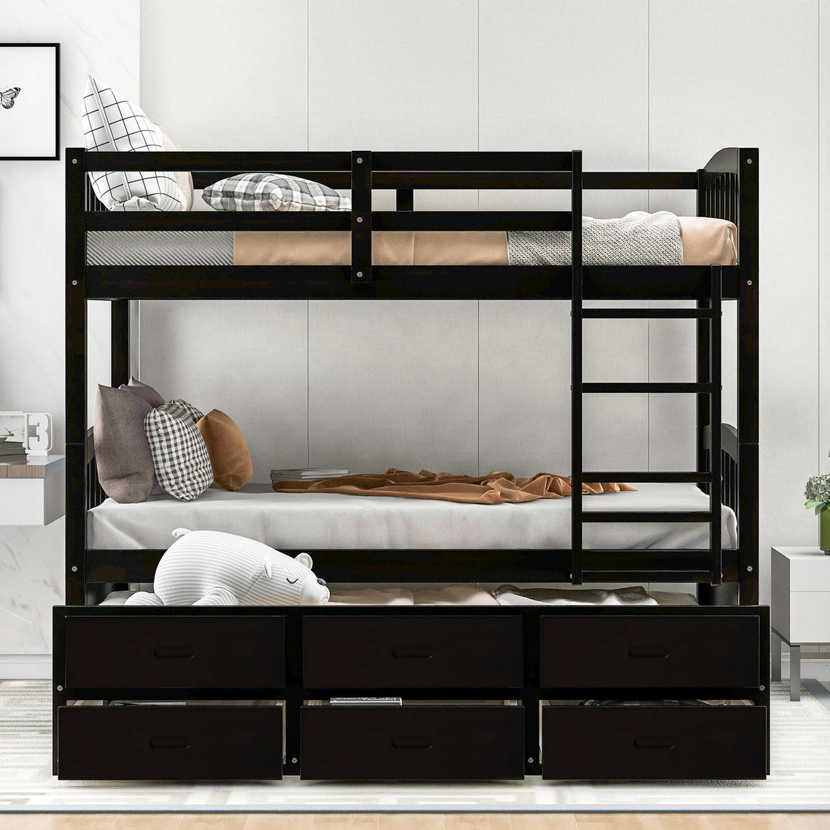Bunk Bed With Trundle And Drawers, Arched Headboard And Footboard
