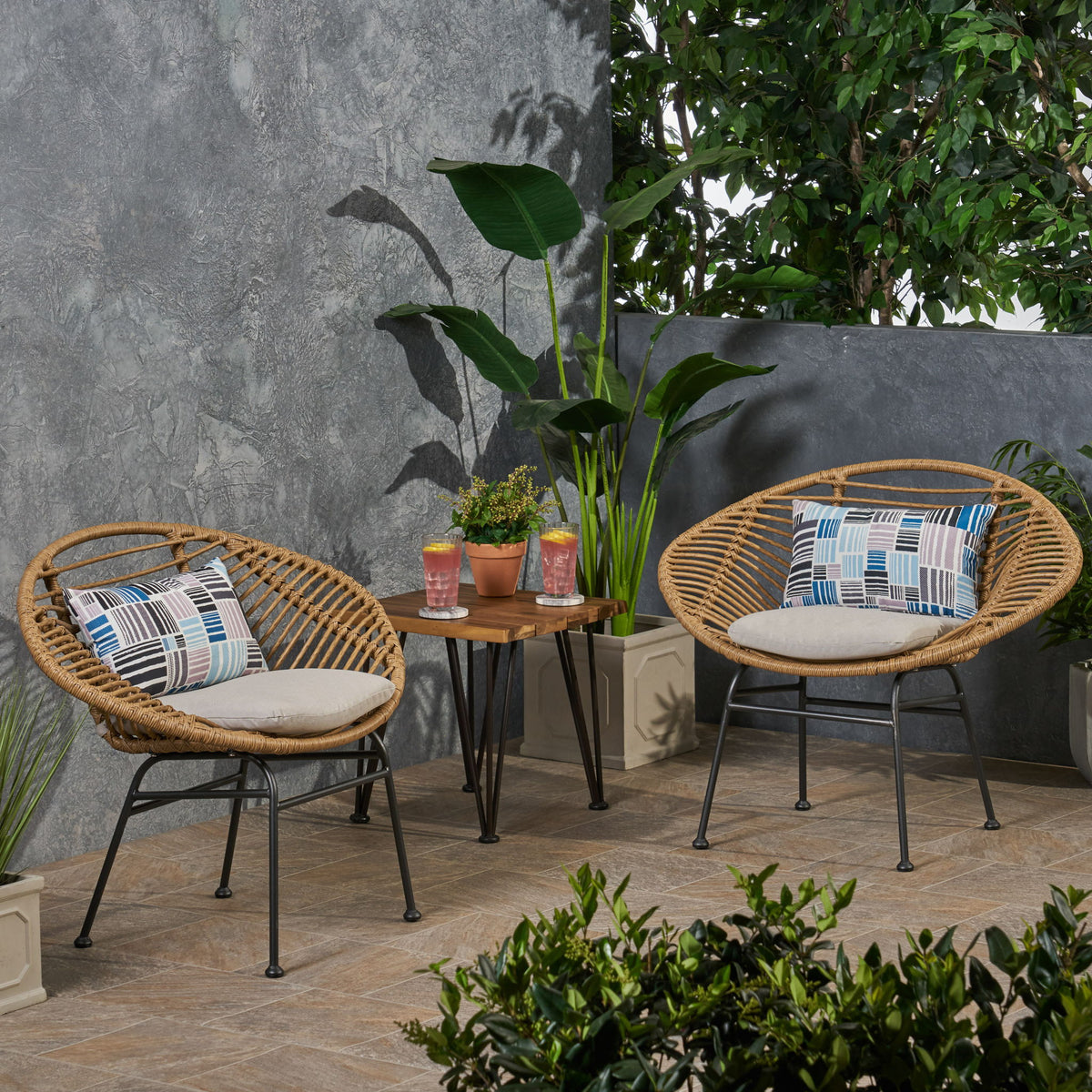 Cordella - Outdoor Woven Wicker Chairs With Cushions, (Set of 2)