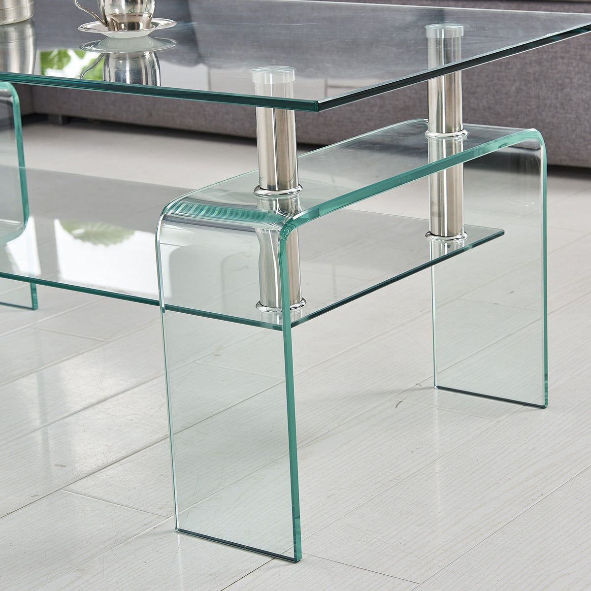 Modern Tempered Glass Coffee Table With 2 Tier Storage For Living Room