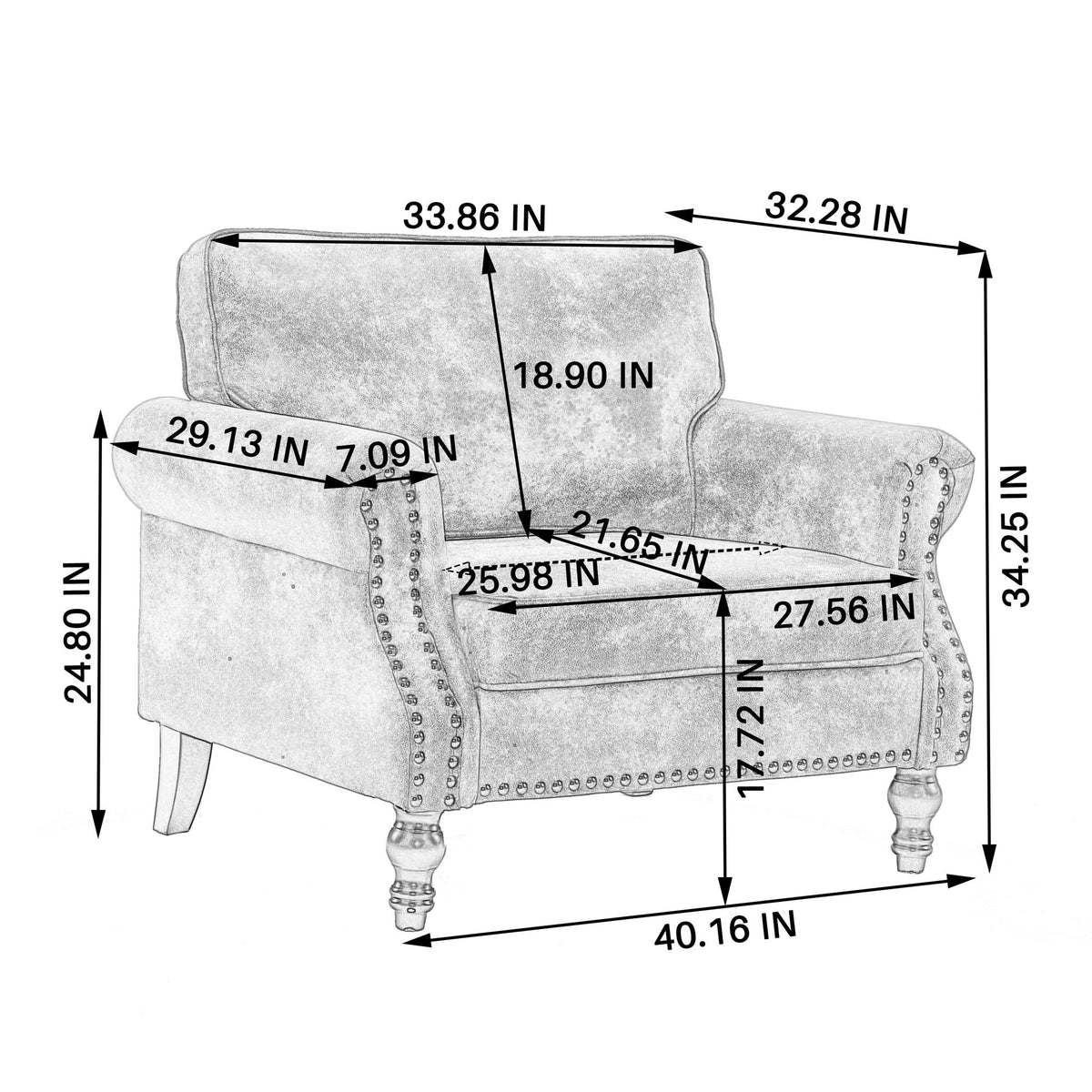 Rolled Arm Sofa With Nailhead Trim, 1 Seater Upholstered Couch With Wooden Legs