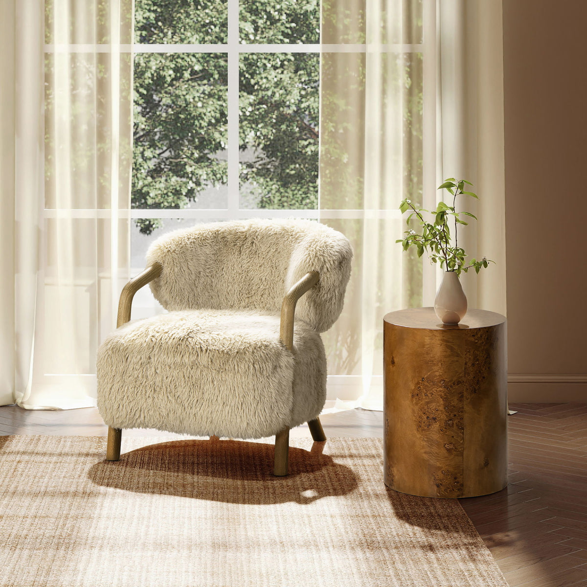 Becker - Rustic Oak Sheepskin Upholstered Accent Arm Chair - Taupe Beige