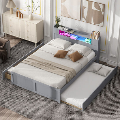 Storage Platform Bed With LED Lights, 2 Drawers And Trundle