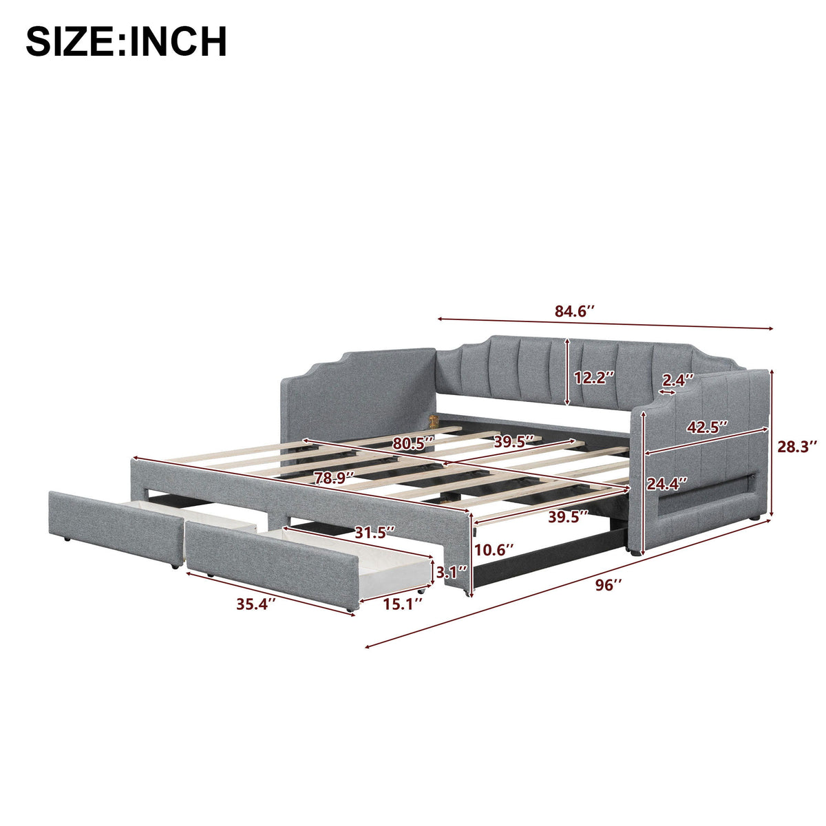 Extendable Daybed With LED Light And 2 Storage Drawers